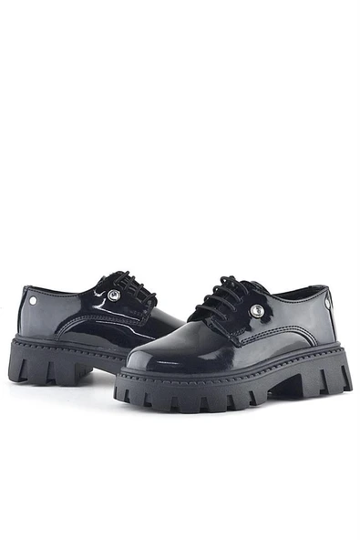 Rakerplus Siyah Rugan Bağcıklı Kız Çocuk Taş Detaylı Okul Ayakkabı - 8