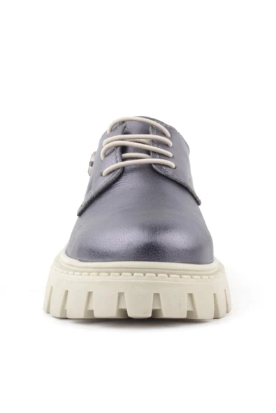 Rakerplus Platin Hakiki Deri Bağcıklı Yıldızlı Kız Çocuk Oxford Okul Ayakkabı - 3