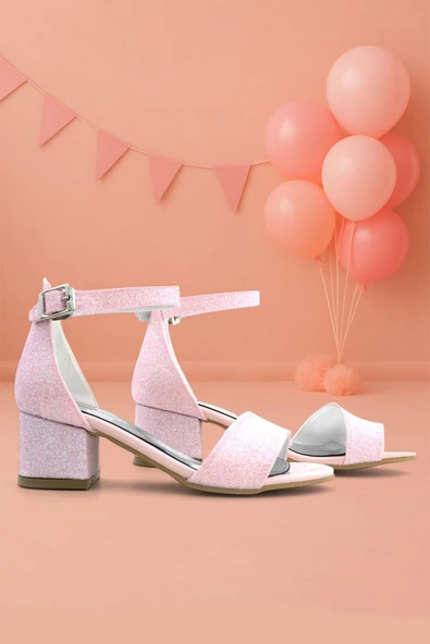 Lilo Simli Pembe Tek Bantlı Kız Çocuk Topuklu Abiye Ayakkabı ürün görseli