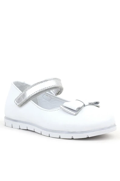 Rakerplus Hakiki Deri Beyaz Gümüş Fiyonklu Cırtlı Kız Çocuk Babet ürün görseli