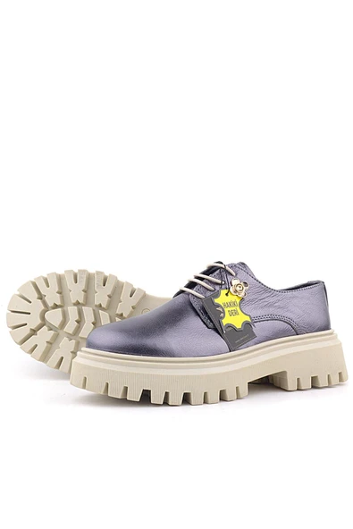 Rakerplus Platin Hakiki Deri Çiçek Detaylı Bağcıklı Oxford Günlük Ayakkabı - Resim 6