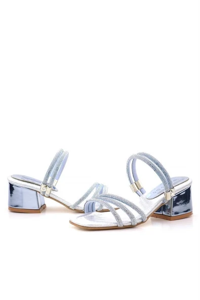 Judy Mavi Gümüş Taşlı Kız Çocuk Topuklu Terlik Ayakkabı - Resim 7