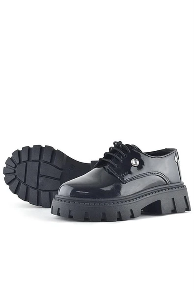 Rakerplus Siyah Rugan Bağcıklı Kız Çocuk Taş Detaylı Okul Ayakkabı - 7