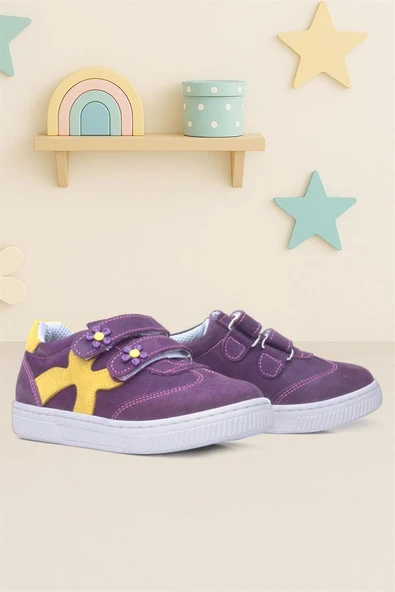 Rakerplus Hakiki Deri Mor Sarı Cırtlı Çiçek Detaylı Kız Çocuk Günlük Ayakkabı ürün görseli