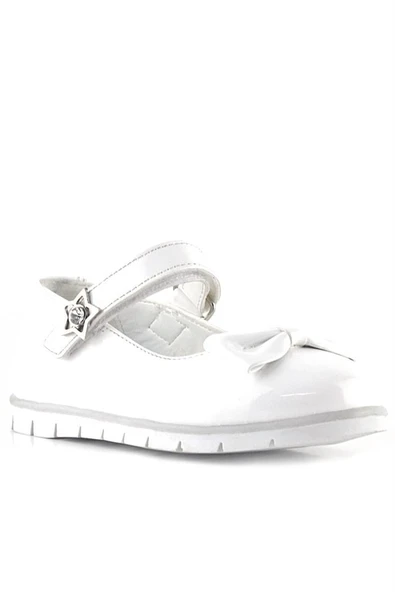 Rakerplus Beyaz Rugan Fiyonklu Yıldız Detaylı Cırtlı Kız Çocuk Babet ürün görseli