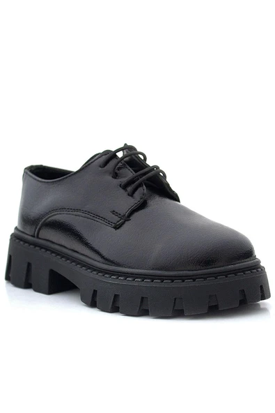 Rakerplus Siyah Kırışık Rugan Bağcıklı Kız Çocuk Oxford Okul Ayakkabı - 2