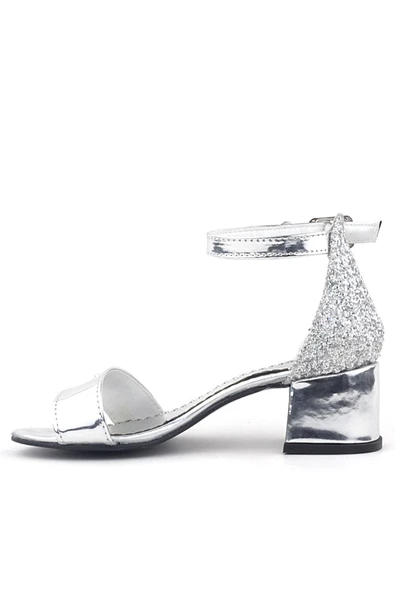 Elsa Gümüş Aynalı Simli Topuklu Taşlı Kız Çocuk Abiye Ayakkabı - Resim 3