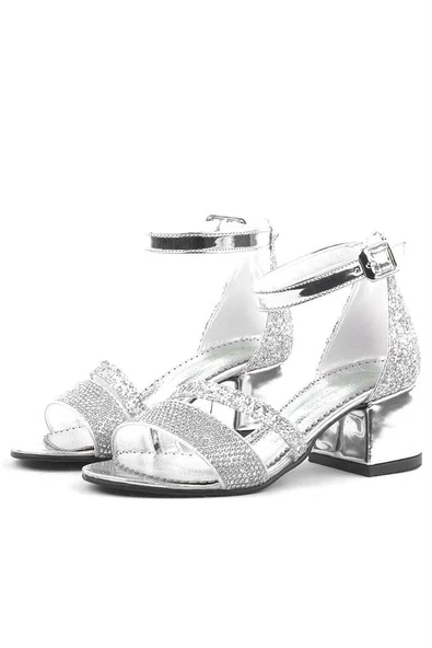 Anna Gümüş Simli Kalın Topuklu Bantlı Kız Çocuk Abiye Ayakkabı - Resim 5