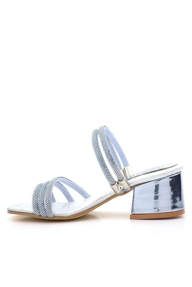 Judy Mavi Gümüş Taşlı Kız Çocuk Topuklu Terlik Ayakkabı - Resim 5