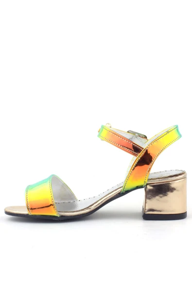 Pony Hologram Bakır Yeşil Kalın Topuklu Çiçek Detaylı Kız Çocuk Abiye Ayakkabı - Resim 3