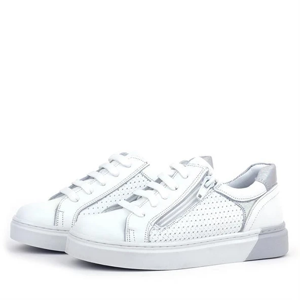 Hakiki Deri Alessio Beyaz Bağcıklı Kız Çocuk Spor Okul Ayakkabısı - 9