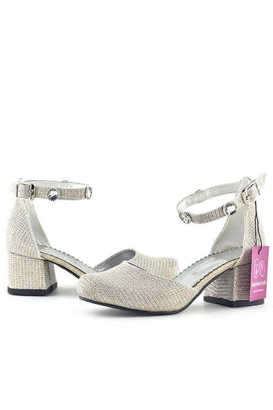 Merida Light Gold Simli Kalın Topuklu Taş Detaylı Kız Çocuk Topuklu Ayakkabı - Resim 5