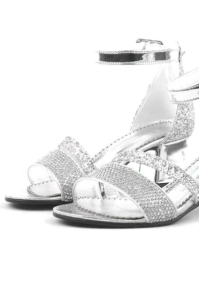Anna Gümüş Simli Kalın Topuklu Bantlı Kız Çocuk Abiye Ayakkabı - Resim 8