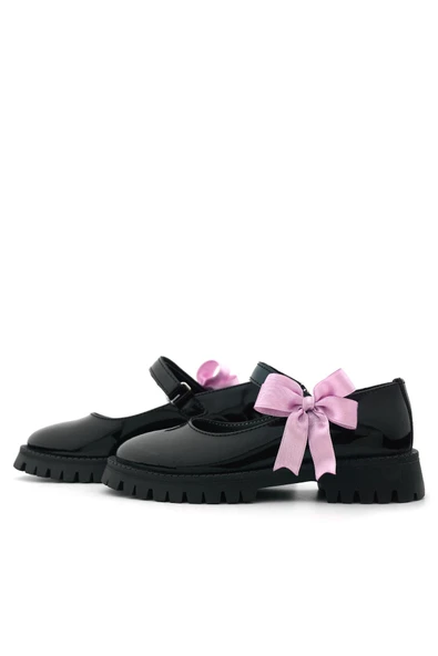 Rakerplus Siyah Rugan Cırtlı Kalın Tabanlı Kurdeleli Kız Çocuk Okul Ayakkabısı - 6