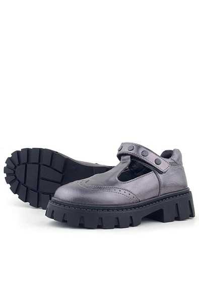 Rakerplus Hakiki Deri Platin Metal Detaylı Cırtlı Kız Çocuk Okul Ayakkabı - 5