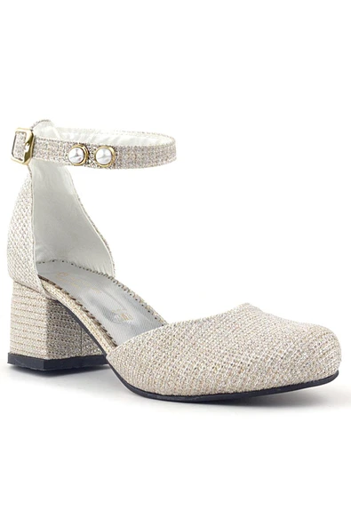 Merida Gold Simli Kalın Topuklu İnci Detaylı Kız Çocuk Topuklu Ayakkabı ürün görseli