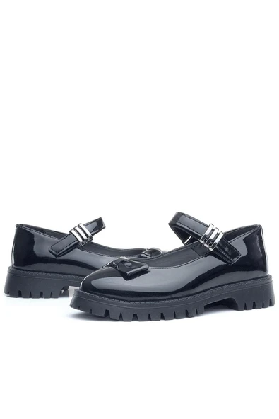 Rakerplus Siyah Rugan Kalın Tabanlı Cırtlı Kız Çocuk Babet Okul Ayakkabı - 8