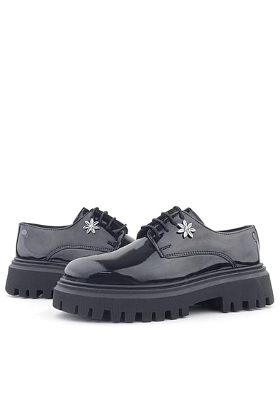 Rakerplus Siyah Rugan Bağcıklı Çiçek Detaylı Oxford Günlük Ayakkabı - Resim 6