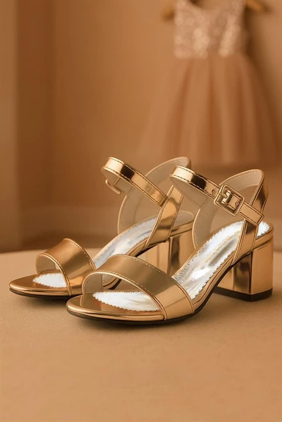 Pony Bakır Aynalı Kalın Topuklu Kız Çocuk Abiye Ayakkabı ürün görseli