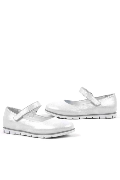 Rakerplus Hakiki Deri Gümüş Cırtlı Kız Çocuk Babet - Resim 5