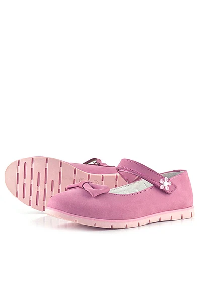 Rakerplus Hakiki Deri Pembe Fiyonklu Çiçek Detaylı Cırtlı Kız Çocuk Babet - Resim 6