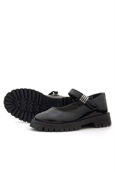 Rakerplus Siyah Rugan Cırtlı Kalın Tabanlı Metal Detaylı Kız Çocuk Okul Ayakkabısı - 7