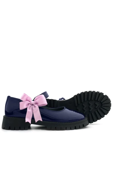 Rakerplus Lacivert Rugan Cırtlı Kalın Tabanlı Kurdeleli Kız Çocuk Okul Ayakkabısı - 7