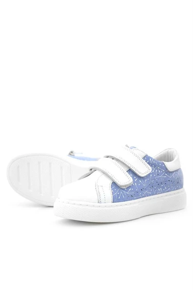 Hakiki Deri Beyaz Mavi Cırt Cırtlı Kız Çocuk Spor Ayakkabı - Resim 6