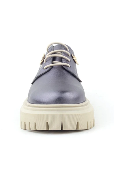 Rakerplus Platin Hakiki Deri Çiçek Detaylı Bağcıklı Oxford Günlük Ayakkabı - Resim 3