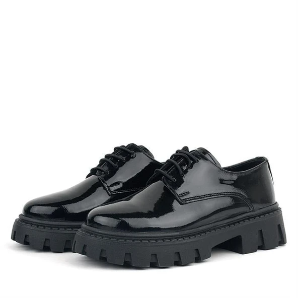 Rakerplus Siyah Rugan Bağcıklı Kız Çocuk Oxford Okul Ayakkabı - 10