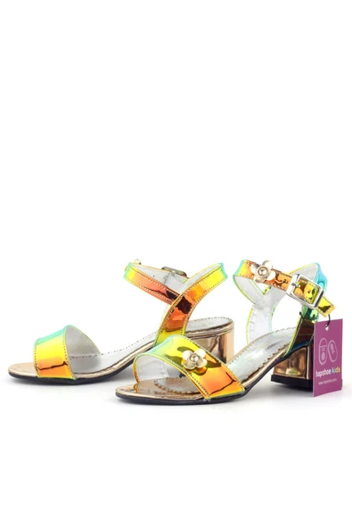 Pony Hologram Bakır Yeşil Kalın Topuklu Çiçek Detaylı Kız Çocuk Abiye Ayakkabı - Resim 4