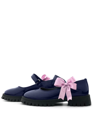 Rakerplus Lacivert Rugan Cırtlı Kalın Tabanlı Kurdeleli Kız Çocuk Okul Ayakkabısı - 6