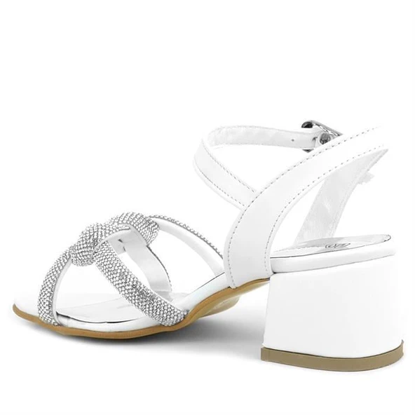 Beyaz Örgü Taşlı Kız Çocuk Abiye Kalın Topuklu Ayakkabı - Resim 5