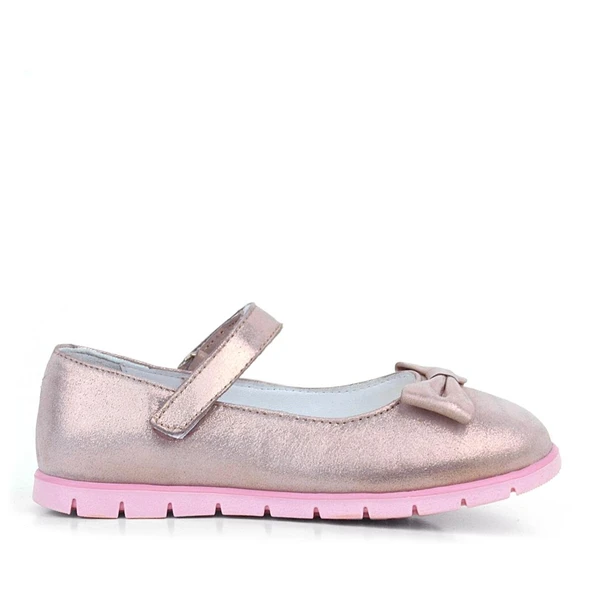 Rakerplus Hakiki Deri Pembe Simli Fiyonklu Cırtlı Kız Çocuk Babet Ayakkabı - Resim 2