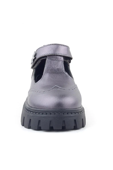 Rakerplus Hakiki Deri Platin Çiçek Detaylı Cırtlı Kız Çocuk Okul Ayakkabı - 3