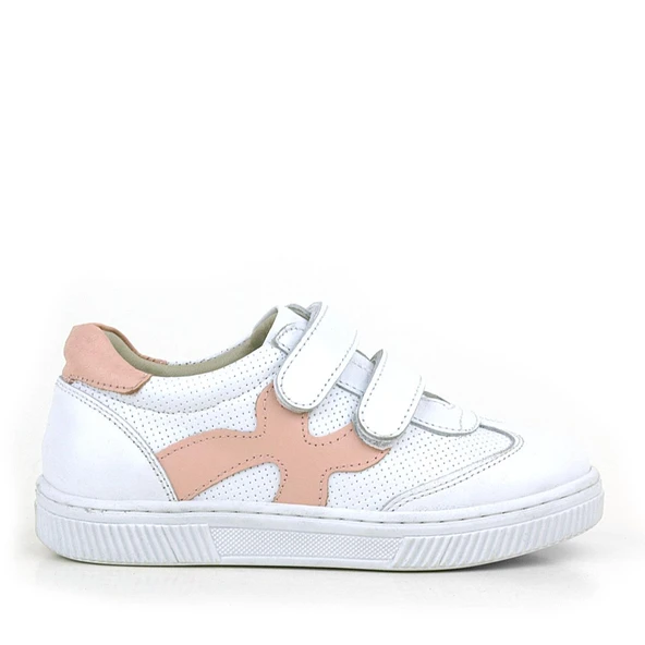 Rakerplus Hakiki Deri Beyaz Pembe Cırtlı Çocuk Spor Ayakkabı - Resim 2