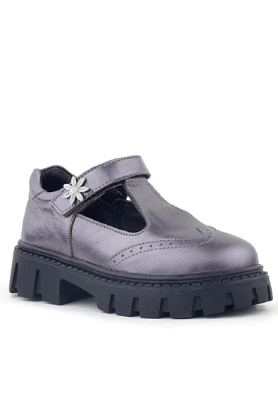 Rakerplus Hakiki Deri Platin Çiçek Detaylı Cırtlı Kız Çocuk Okul Ayakkabı