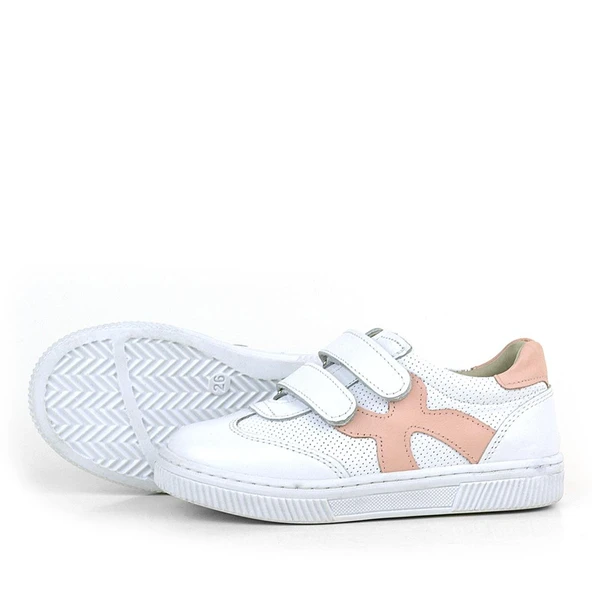 Rakerplus Hakiki Deri Beyaz Pembe Cırtlı Çocuk Spor Ayakkabı - Resim 5
