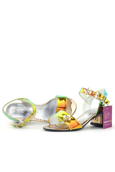 Pony Hologram Bakır Yeşil Kalın Topuklu Çiçek Detaylı Kız Çocuk Abiye Ayakkabı - Resim 6