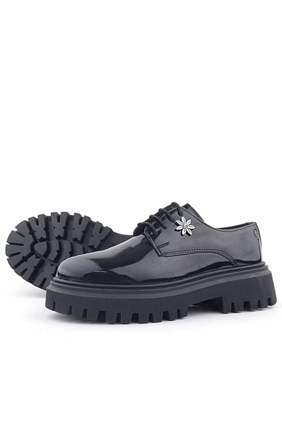 Rakerplus Siyah Rugan Bağcıklı Çiçek Detaylı Oxford Günlük Ayakkabı - Resim 5