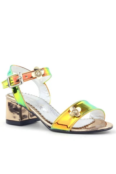 Pony Hologram Bakır Yeşil Kalın Topuklu Çiçek Detaylı Kız Çocuk Abiye Ayakkabı ürün görseli