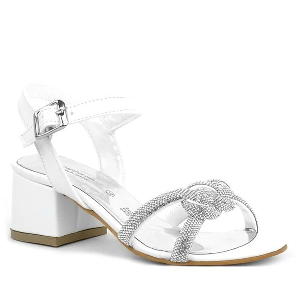 Beyaz Örgü Taşlı Kız Çocuk Abiye Kalın Topuklu Ayakkabı - Resim 10