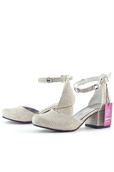 Merida Light Gold Simli Kalın Topuklu Taş Detaylı Kız Çocuk Topuklu Ayakkabı - Resim 4