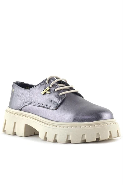 Rakerplus Platin Hakiki Deri Toka Detaylı Bağcıklı Kız Çocuk Günlük Ayakkabı - Resim 2