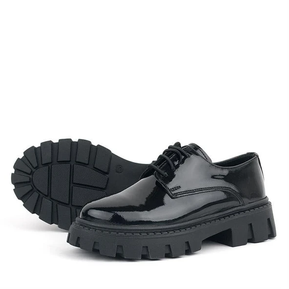 Rakerplus Siyah Rugan Bağcıklı Kız Çocuk Oxford Okul Ayakkabı - 12