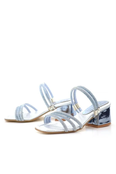 Judy Mavi Gümüş Taşlı Kız Çocuk Topuklu Terlik Ayakkabı - Resim 6