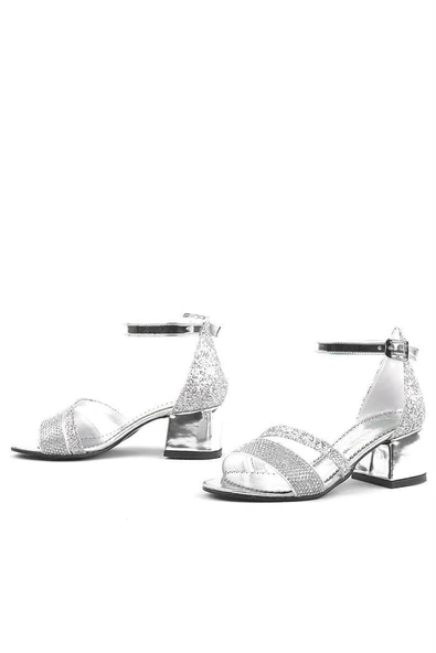 Anna Gümüş Simli Kalın Topuklu Bantlı Kız Çocuk Abiye Ayakkabı - Resim 6