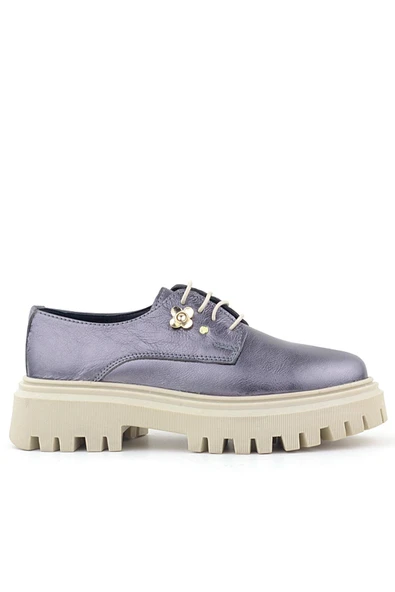 Rakerplus Platin Hakiki Deri Çiçek Detaylı Bağcıklı Oxford Günlük Ayakkabı - Resim 2