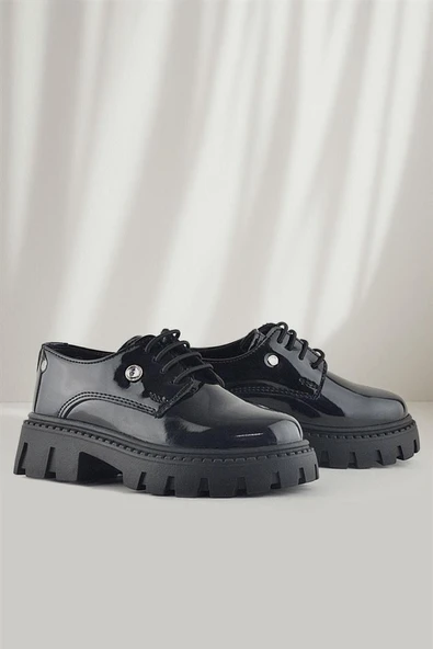 Rakerplus Siyah Rugan Bağcıklı Kız Çocuk Taş Detaylı Okul Ayakkabı - 12