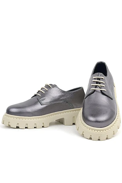 Rakerplus Platin Hakiki Deri Bağcıklı Kız Çocuk Oxford Okul Ayakkabı - 6